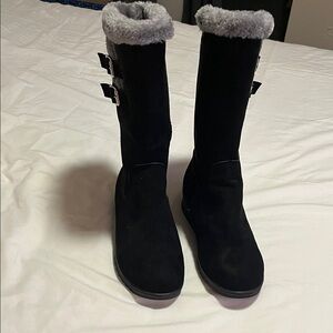 Women's Black Faux Suede Tall Winter Boots with Gray Faux Fur Trim